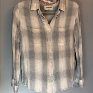 Women's Normal Brand Gray and Cream Plaid Button-Up Shirt Size Small
